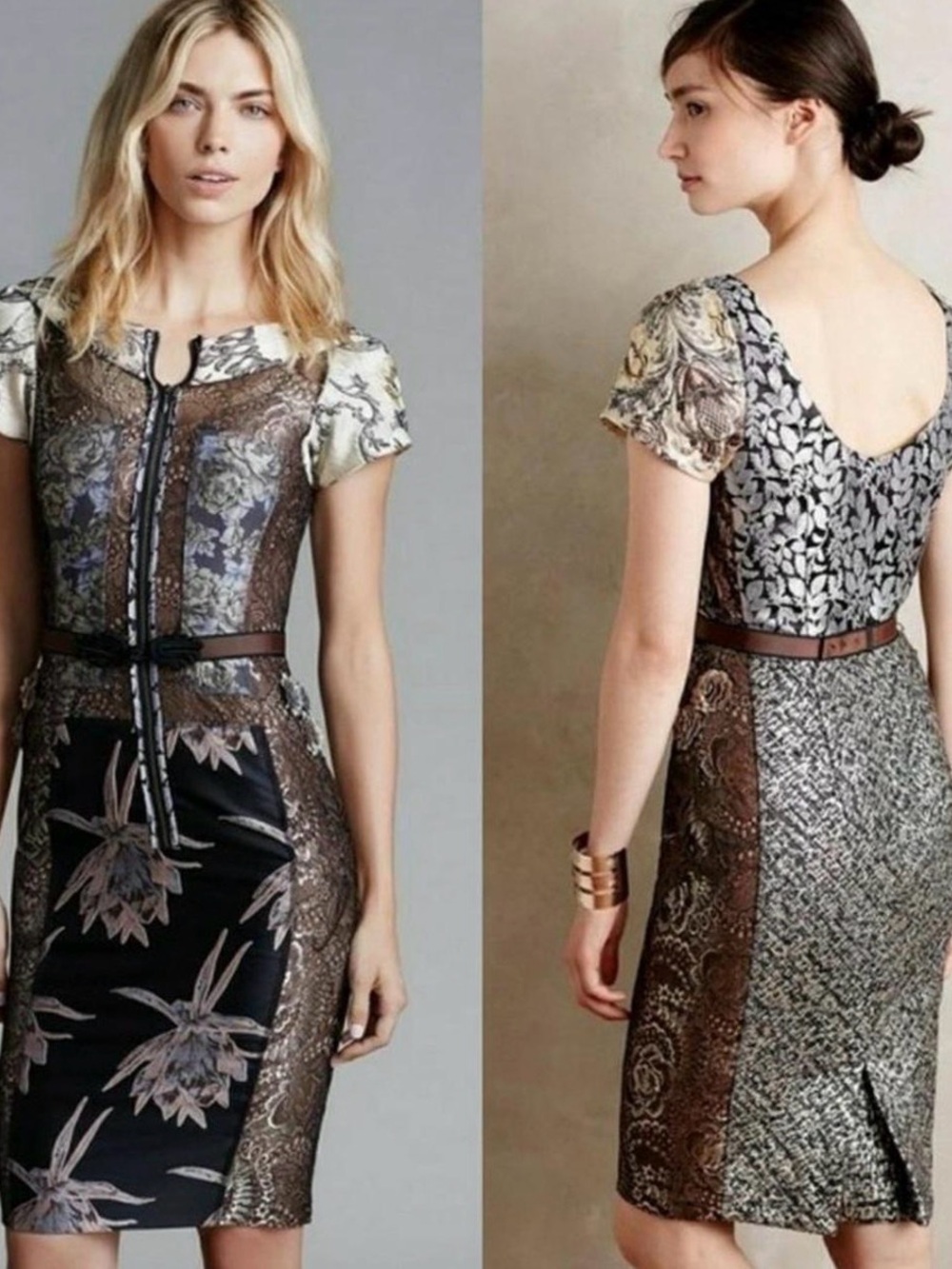 Byron Lars Black and Brown Mixed-Print Patchwork Midi Dress